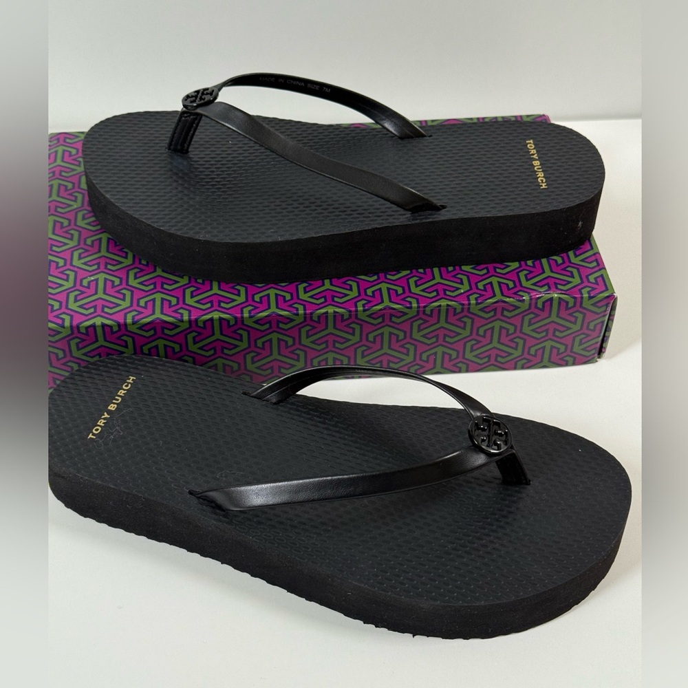 Tory Burch Mini Miller Leather Strap Wedge Flip Flops Size 7 (New) - Picture 4 of 4